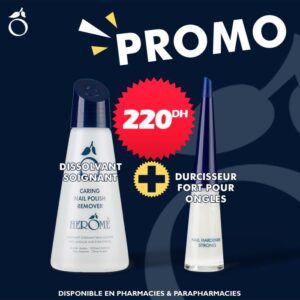 Pack Herôme comprenant dissolvant soignant et durcisseur fort pour ongles, renforce et protège les ongles fragiles tout en facilitant le démaquillage, disponible en parapharmacie à Kénitra et parapharmacie en ligne.