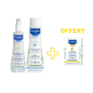 MUSTELA LAIT DE TOILETTE SANS RINCAGE 200 ML+MUSTELA EAU RAFRAICHISSANTE ET COIFFANTE 200ML SANS ALCOOL+MUSTELA SAVON SURGRAS AU COLD CREAM 100G OFFERT