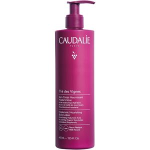 Soin corps nourrissant Caudalie Thé des Vignes 400 ml, enrichi en acide hyaluronique, hydrate intensément et parfume délicatement la peau, disponible en parapharmacie à Kénitra et parapharmacie en ligne.