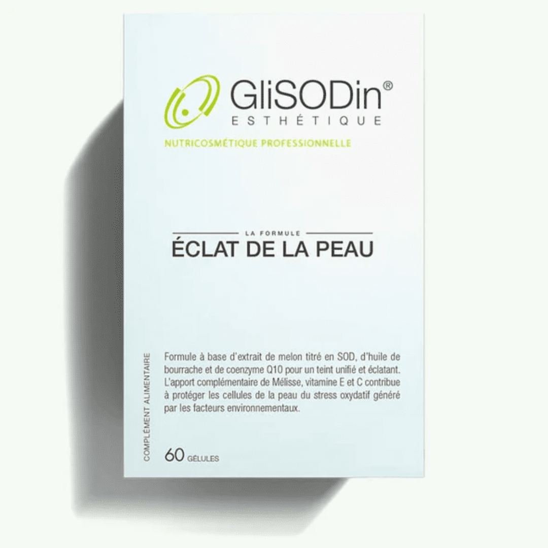 Glisodin-Eclat-de-la-peau-60-gelules Complément alimentaire Glisodin Éclat de la Peau 60 gélules, favorise la protection antioxydante et améliore la luminosité du teint, idéal pour une peau saine et éclatante, disponible en parapharmacie à Kénitra et parapharmacie en ligne.