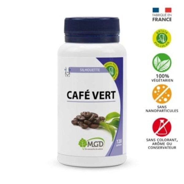 MGD Café Vert 120 gélules, complément naturel pour énergie et minceur, favorise la perte de poids, disponible en parapharmacie Kénitra