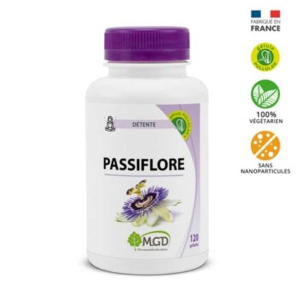 MGD Nature Passiflore 120 gélules, complément naturel pour apaisement et bien-être, favorise relaxation et sommeil, disponible à Kénitra