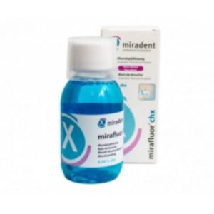 Miradent Mirafluor CHX bain de bouche 100 ml, solution antiseptique au fluor pour gencives et dents saines, disponible à Kénitra