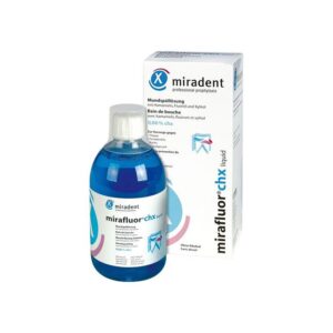 Miradent Mirafluor CHX bain de bouche 500 ml, solution antiseptique au fluor pour santé bucco-dentaire, disponible en parapharmacie Kénitra