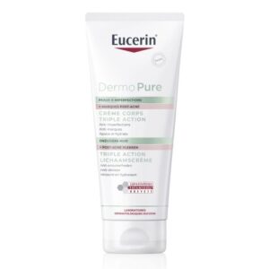 Crème corps Eucerin Dermo Pure Triple Action 200 ml, hydrate, apaise et réduit les imperfections cutanées, idéale pour les peaux à tendance acnéique, disponible en parapharmacie à Kénitra et parapharmacie en ligne.