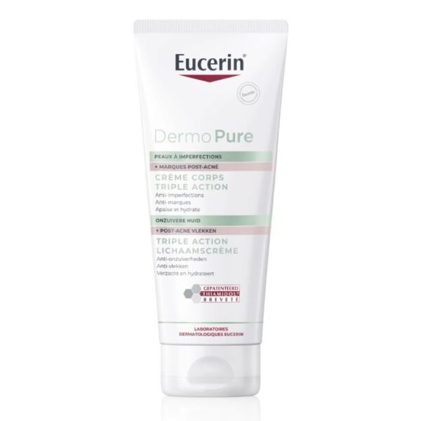 Crème corps Eucerin Dermo Pure Triple Action 200 ml, hydrate, apaise et réduit les imperfections cutanées, idéale pour les peaux à tendance acnéique, disponible en parapharmacie à Kénitra et parapharmacie en ligne.