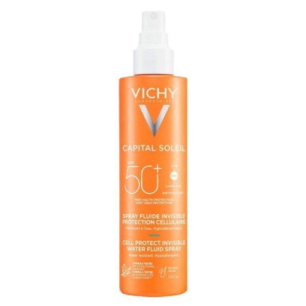 Spray fluide invisible Vichy Capital Soleil SPF 50+ 200 ml, haute protection solaire pour une application légère et non grasse, idéal pour tous types de peau, disponible en parapharmacie à Kénitra et parapharmacie en ligne.