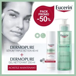 Duo Eucerin Dermopure avec Sérum Triple Action 40 ml et Gel Nettoyant 200 ml, combat les imperfections, purifie et améliore la qualité de la peau, idéal pour peaux à tendance acnéique, disponible en parapharmacie à Kénitra et parapharmacie en ligne.