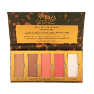 Palette visage MUA Golden Hour, contient enlumineurs et blush pour un teint lumineux et ensoleillé, idéale pour toutes les carnations, disponible en parapharmacie à Kénitra et parapharmacie en ligne.