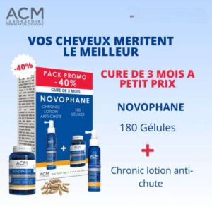 Pack anti-chute ACM Novophane avec 180 gélules fortifiantes et lotion capillaire Chronic 100 ml, renforce les cheveux et freine leur chute, disponible en parapharmacie à Kénitra et parapharmacie en ligne.