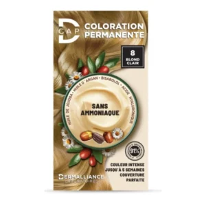 Coloration permanente D-Cap n°8 Blond Clair, couleur lumineuse et durable, couvre parfaitement les cheveux blancs, disponible en parapharmacie à Kénitra et parapharmacie en ligne.