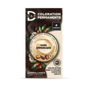 Coloration permanente D-Cap n°4 Châtain, teinte riche et naturelle pour une couverture optimale, disponible en parapharmacie à Kénitra et parapharmacie en ligne.