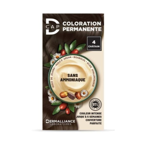 Coloration permanente D-Cap n°4 Châtain, teinte riche et naturelle pour une couverture optimale, disponible en parapharmacie à Kénitra et parapharmacie en ligne.