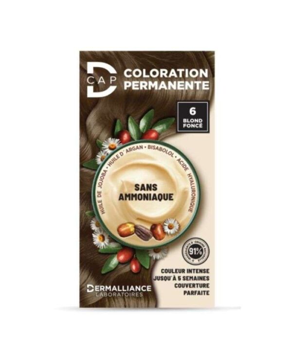 Coloration permanente D-Cap n°6 Blond Foncé, teinte naturelle et couvrante, offre une couleur intense et durable, disponible en parapharmacie à Kénitra et parapharmacie en ligne.