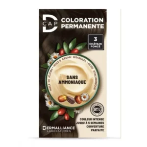 Coloration permanente D-Cap n°3 Châtain Foncé, couleur intense et couvrante pour cheveux, idéale pour un résultat uniforme et naturel, disponible en parapharmacie à Kénitra et parapharmacie en ligne.