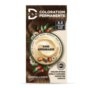 Coloration permanente D-Cap n°5.3 Châtain Clair Doré, nuance chaude et lumineuse pour une couverture parfaite des cheveux blancs, disponible en parapharmacie à Kénitra et parapharmacie en ligne.