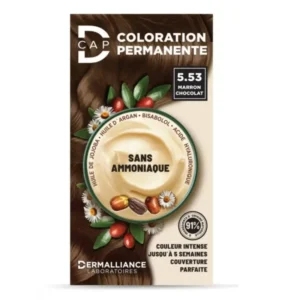 Coloration permanente D-Cap n°5.53 Marron Chocolat, couleur riche et gourmande avec couverture optimale des cheveux blancs, disponible en parapharmacie à Kénitra et parapharmacie en ligne.