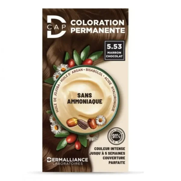 Coloration permanente D-Cap n°5.53 Marron Chocolat, couleur riche et gourmande avec couverture optimale des cheveux blancs, disponible en parapharmacie à Kénitra et parapharmacie en ligne.