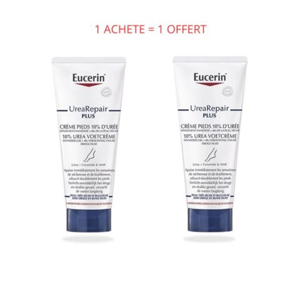 Duo Eucerin UreaRepair PLUS Crème Pieds 10% d'urée, hydrate intensément et répare les pieds très secs et rugueux, offre spéciale 2 x 100 ml, disponible en parapharmacie à Kénitra et parapharmacie en ligne.