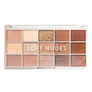 Palette de fards à paupières MUA Soft Nudes, tons naturels et doux pour un maquillage quotidien subtil et élégant, disponible en parapharmacie à Kénitra et parapharmacie en ligne.