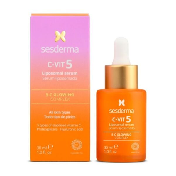 Sérum liposomal Sesderma C-Vit 5 30 ml, éclat immédiat et action antioxydante à base de vitamine C, pour un teint lumineux et uniforme, disponible en parapharmacie à Kénitra et parapharmacie en ligne.