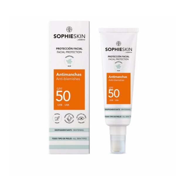 Écran solaire Sophieskin éclaircissant anti-imperfection SPF 50 50 ml, protection haute contre les UV avec effet unifiant et anti-imperfections, disponible en parapharmacie à Kénitra et parapharmacie en ligne.