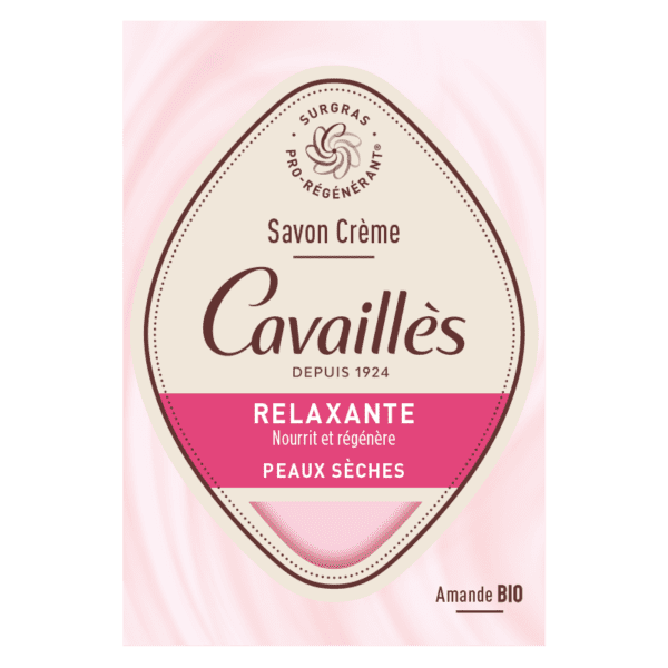 Savon crème relaxante Rogé Cavaillès, nettoyant doux pour peau sensible, apporte confort et hydratation, disponible en parapharmacie à Kénitra et parapharmacie en ligne.