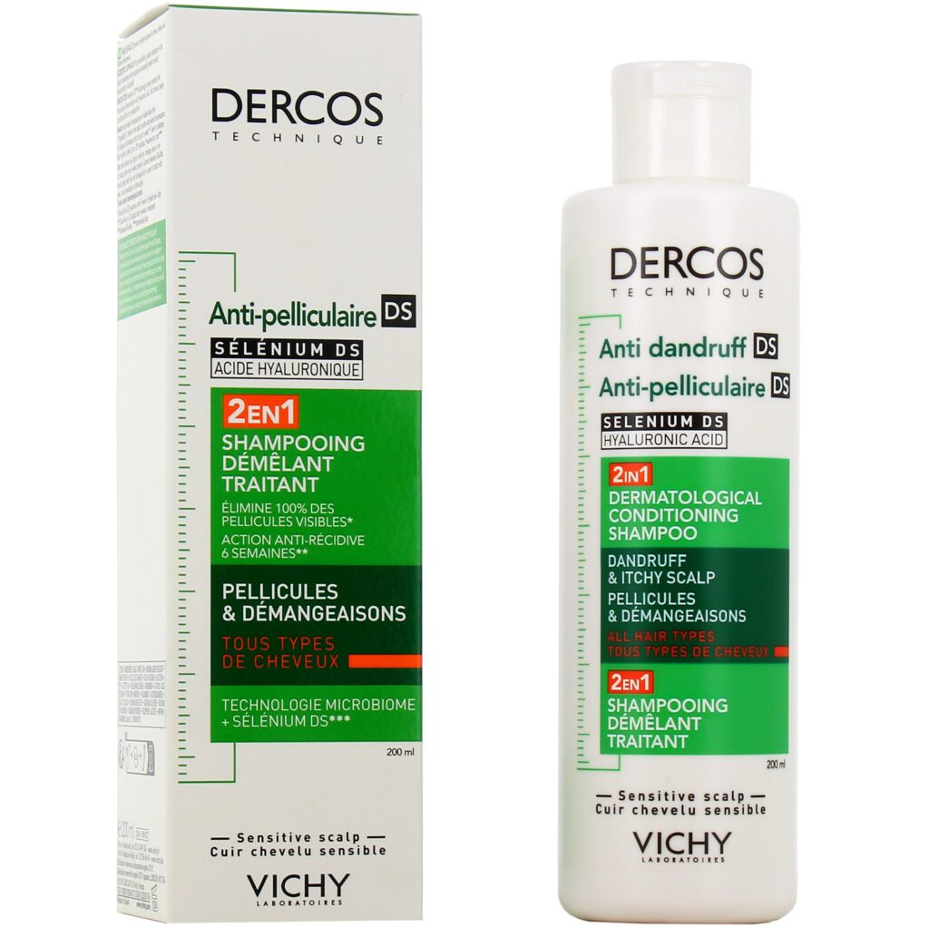 Shampooing démêlant traitant anti-pelliculaire Vichy Dercos 2 en 1, nettoie et élimine les pellicules tout en facilitant le démêlage, disponible en parapharmacie à Kénitra et parapharmacie en ligne.