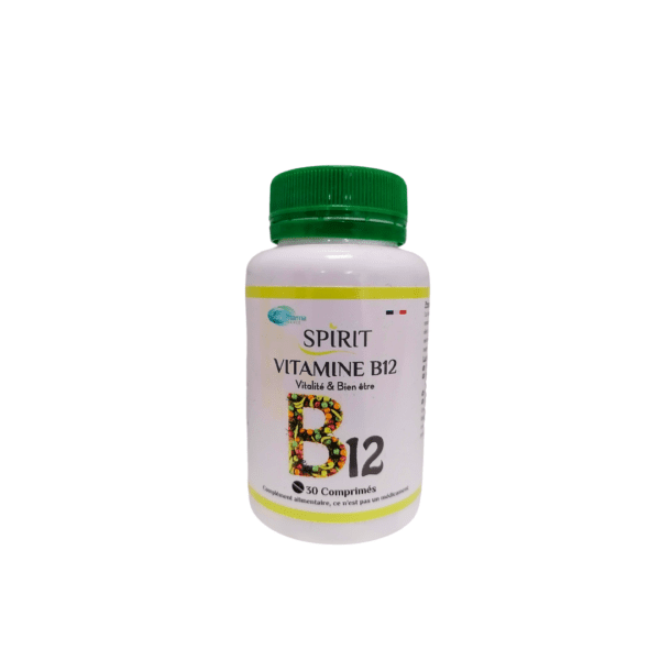 Complément alimentaire Spirit vitamine B12, boîte de 30 comprimés, contribue à la réduction de la fatigue et au bon fonctionnement du système nerveux, disponible en parapharmacie à Kénitra et parapharmacie en ligne.