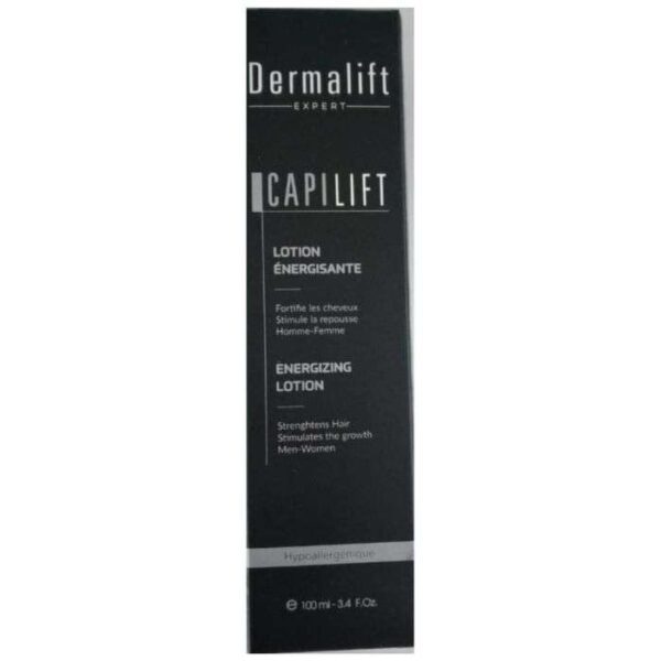Lotion énergisante Dermalift Capilift 100 ml, stimule la croissance des cheveux et renforce le cuir chevelu, disponible en parapharmacie à Kénitra et parapharmacie en ligne.