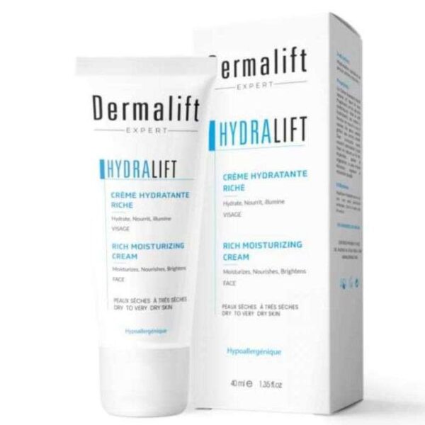 Crème hydratante riche Dermalift 40 ml, nourrit intensément les peaux sèches, formule protectrice et apaisante, disponible en parapharmacie à Kénitra et parapharmacie en ligne.