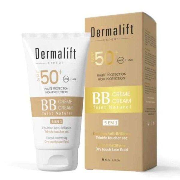BB Crème Dermalift Sunlift toucher sec 50 ml SPF 50+, protection solaire avec fini mat et hydratation longue durée, idéale pour peaux sèches, disponible en parapharmacie à Kénitra et parapharmacie en ligne.