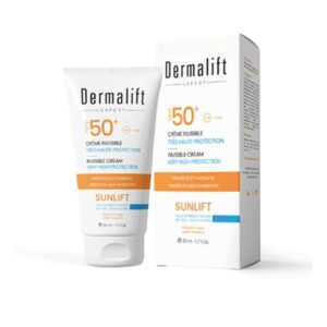Crème solaire invisible Dermalift 50 ml, haute protection SPF, idéale pour tous types de peau, disponible en parapharmacie à Kénitra et parapharmacie en ligne.