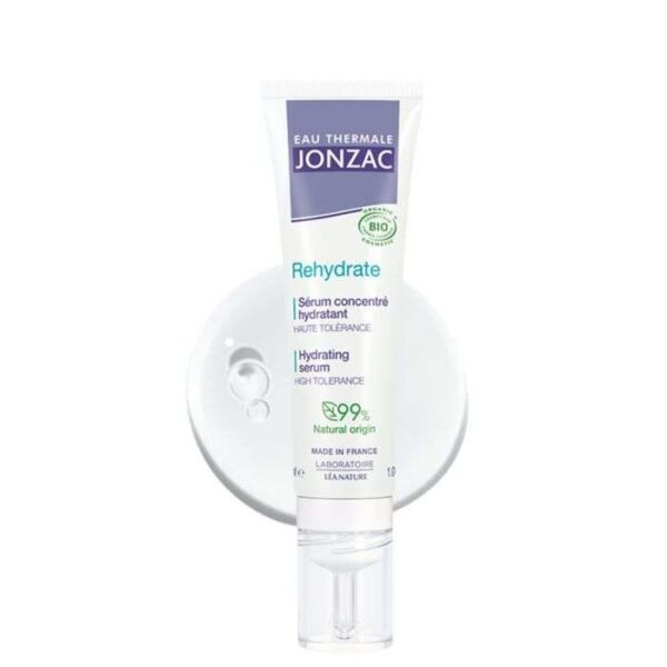 Sérum concentré hydratant Jonzac Rehydrate 30 ml, formule apaisante et hydratante pour tous types de peau, disponible en parapharmacie à Kénitra et parapharmacie en ligne.