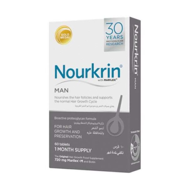 Complément alimentaire Nourkrin Homme 60 comprimés, favorise la santé et la croissance des cheveux, formule spécialement conçue pour les hommes, disponible en parapharmacie à Kénitra et parapharmacie en ligne.