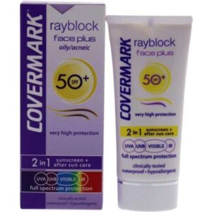 Crème Covermark Rayblock Face Plus SPF 50+ pour peau grasse et acnéique, protection solaire efficace, disponible en parapharmacie Kénitra et parapharmacie en ligne.