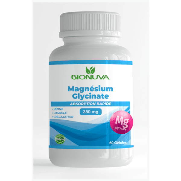 Complément alimentaire BIONUVA Magnésium Glycinate Magnetau – 60 gélules, 350 mg, soutien du système nerveux et musculaire.