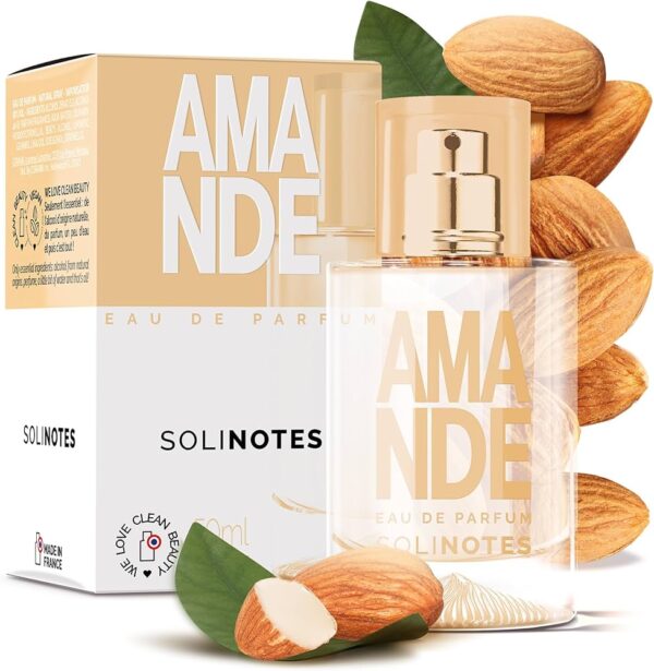 Solinotes Eau de Parfum Almond 50 ml, parfum gourmand et doux aux notes amandées, pour une fragrance chaleureuse et délicate, disponible en parapharmacie à Kénitra et sur notre parapharmacie en ligne
