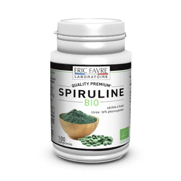 Eric Favre Spiruline Vegan Bio, complément alimentaire naturel, 100 comprimés, disponible en parapharmacie à Kénitra et sur notre parapharmacie en ligne