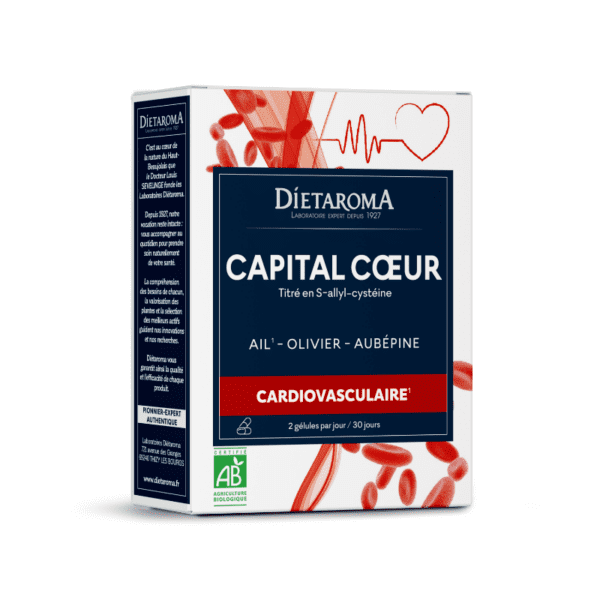 DIETAROMA CAPITAL CŒUR, complément naturel à l’ail, olivier et aubépine, 60 gélules, pour la santé cardiovasculaire, disponible en parapharmacie à Kénitra et sur notre parapharmacie en ligne