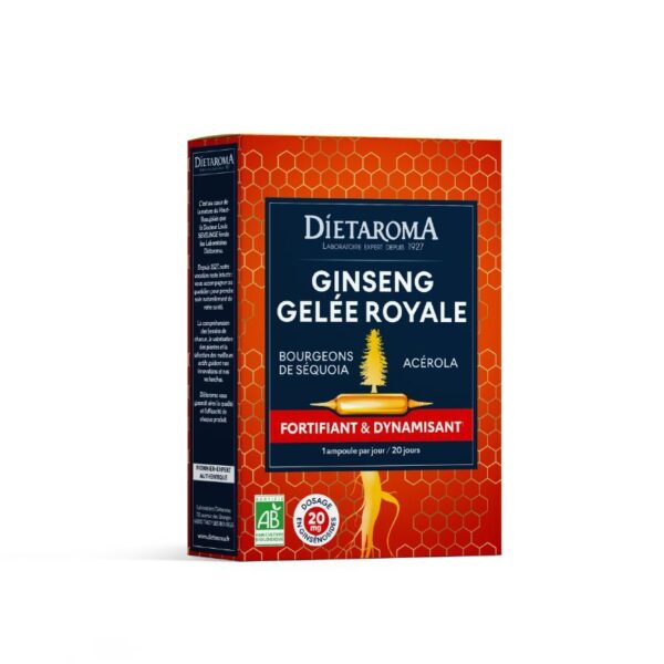DIETAROMA Ginseng Gelée Royale, complément tonique naturel en 20 ampoules, disponible en parapharmacie à Kénitra et sur notre parapharmacie en ligne