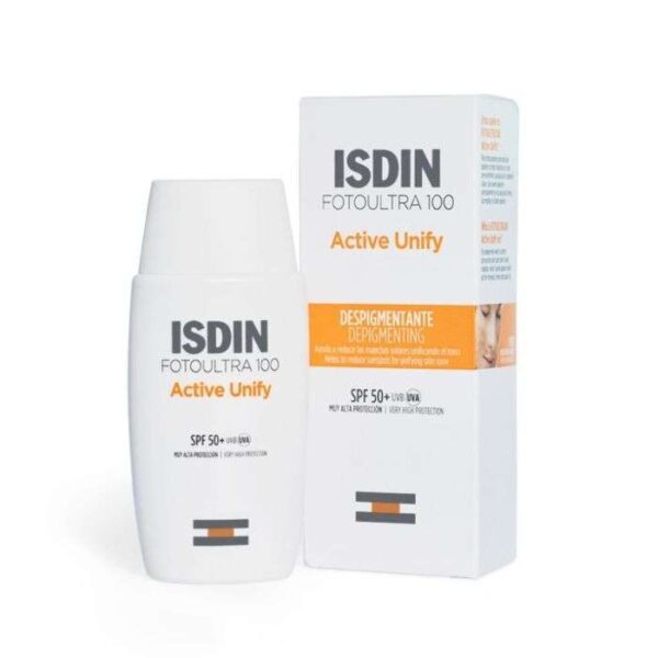 ISDIN Fotoultra 100 Active Unify SPF 50+ 50 ml, écran solaire ultra-protecteur avec action anti-taches, unifie le teint et protège contre les dommages du soleil, disponible en parapharmacie à Kénitra et sur notre parapharmacie en ligne