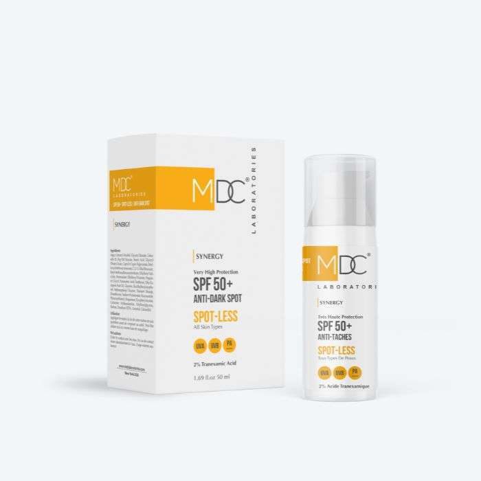 mdc-mdc-synergy-ecran-solaire-spf-50-spotless-tous-types-de-peaux-50-ml-cremes-solaires MDC SYNERGY Écran Solaire SPF 50 Spotless 50 ml, protection solaire très haute pour tous types de peaux, avec action anti-taches, disponible en parapharmacie à Kénitra et sur notre parapharmacie en ligne