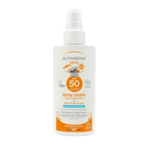 ALPHANOVA Spray solaire bébé certifié bio SPF 50, hypoallergénique, protection solaire naturelle, disponible en parapharmacie à Kénitra et sur notre parapharmacie en ligne