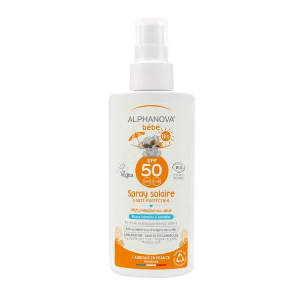 ALPHANOVA Spray solaire bébé certifié bio SPF 50, hypoallergénique, protection solaire naturelle, disponible en parapharmacie à Kénitra et sur notre parapharmacie en ligne