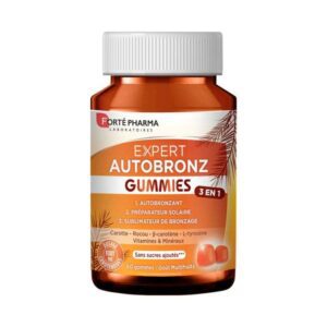 Gummies autobronzantes Expert Autobronz Forté Pharma 3 en 1 goût multifruits, éclat naturel, bronzage progressif sans soleil, boîte de 60 gommes, disponibles en parapharmacie à Kénitra et parapharmacie en ligne.