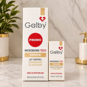 Pack Promo Galby Uniskin – Lait Corporel Dépigmentant & Éclaircissant + Sérum Unifiant avec Trousse Offerte