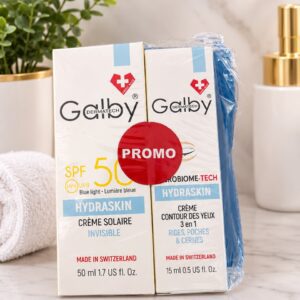 Pack Promo Galby Hydraskin – Crème Solaire SPF 50 Invisible + Crème Contour des Yeux 3 en 1 avec Trousse Offerte