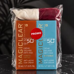 Pack Promo Magiclear – Crème Solaire Anti-Âge SPF 50+ Teintée + Crème Solaire Invisible Anti-Âge avec Pochette Offerte